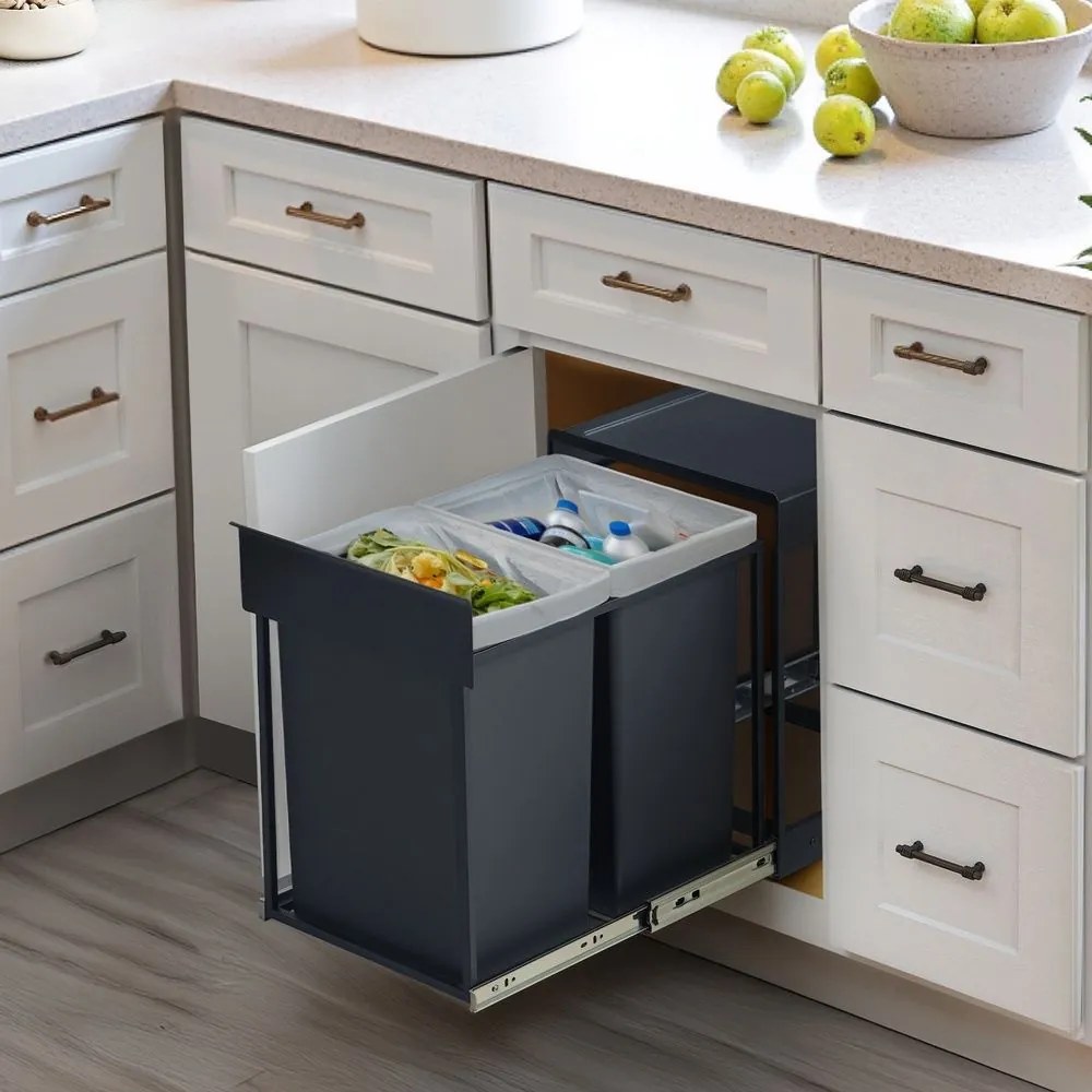 Caixote do lixo encastrar 48,6 x 32,4 x 44 cm com dois compartimentos e sistema de separação de resíduos extraível cinzento