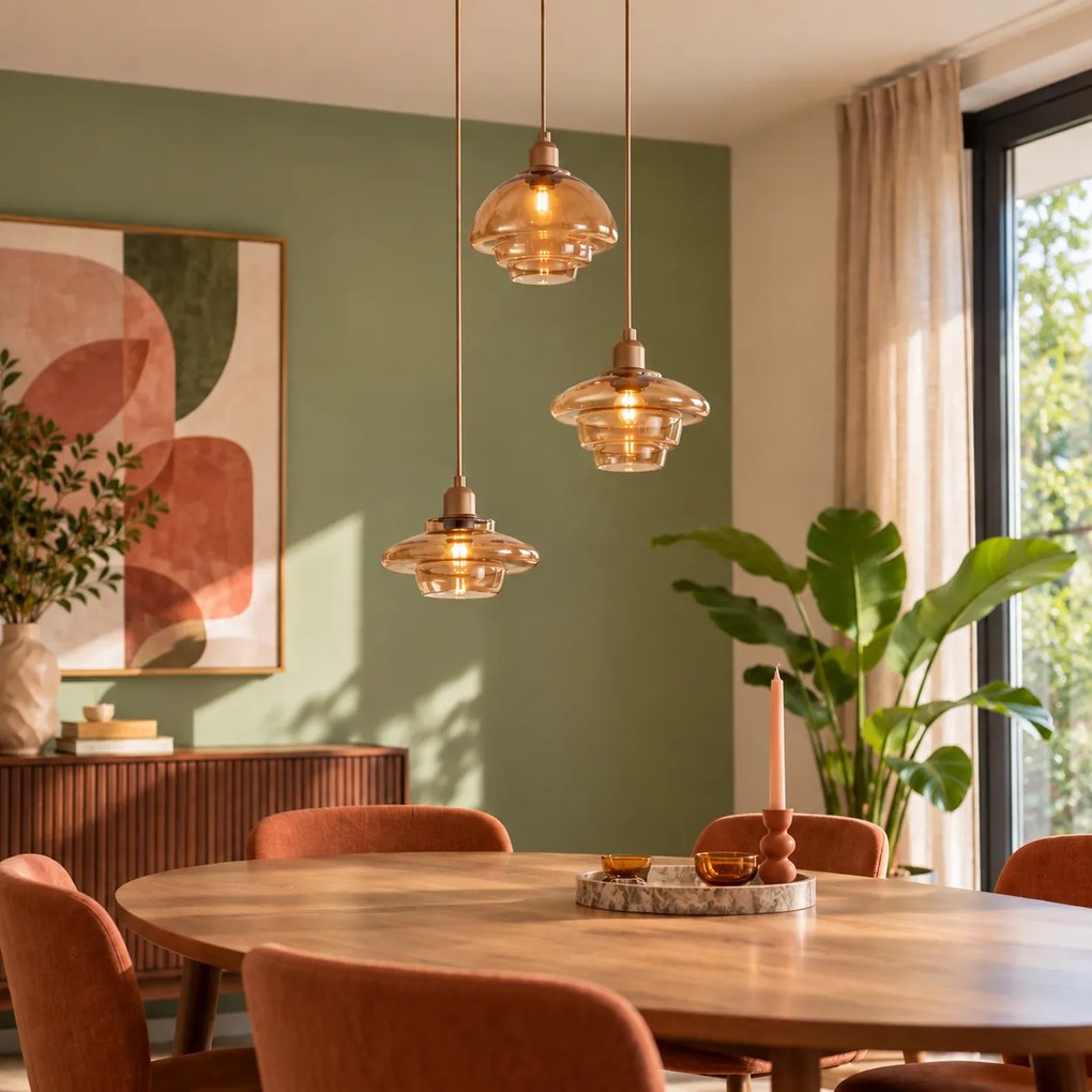 Candeeiro de Teto Retro Bronze Escuro com Vidros Âmbar 3 Luzes - Smokey
