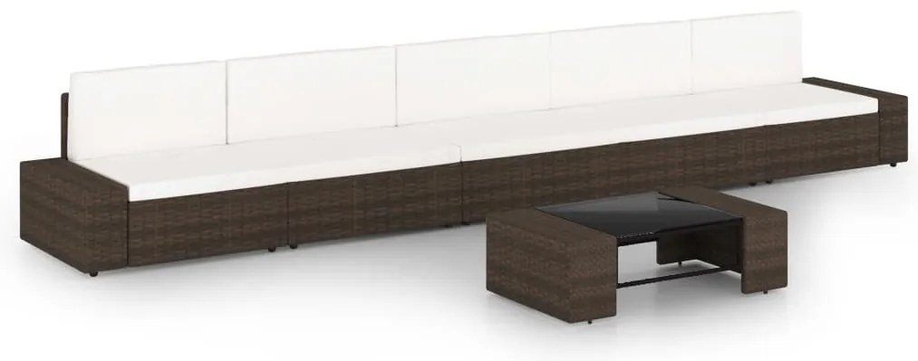 6 pcs conjunto lounge p/ jardim c/ almofadões vime PE castanho