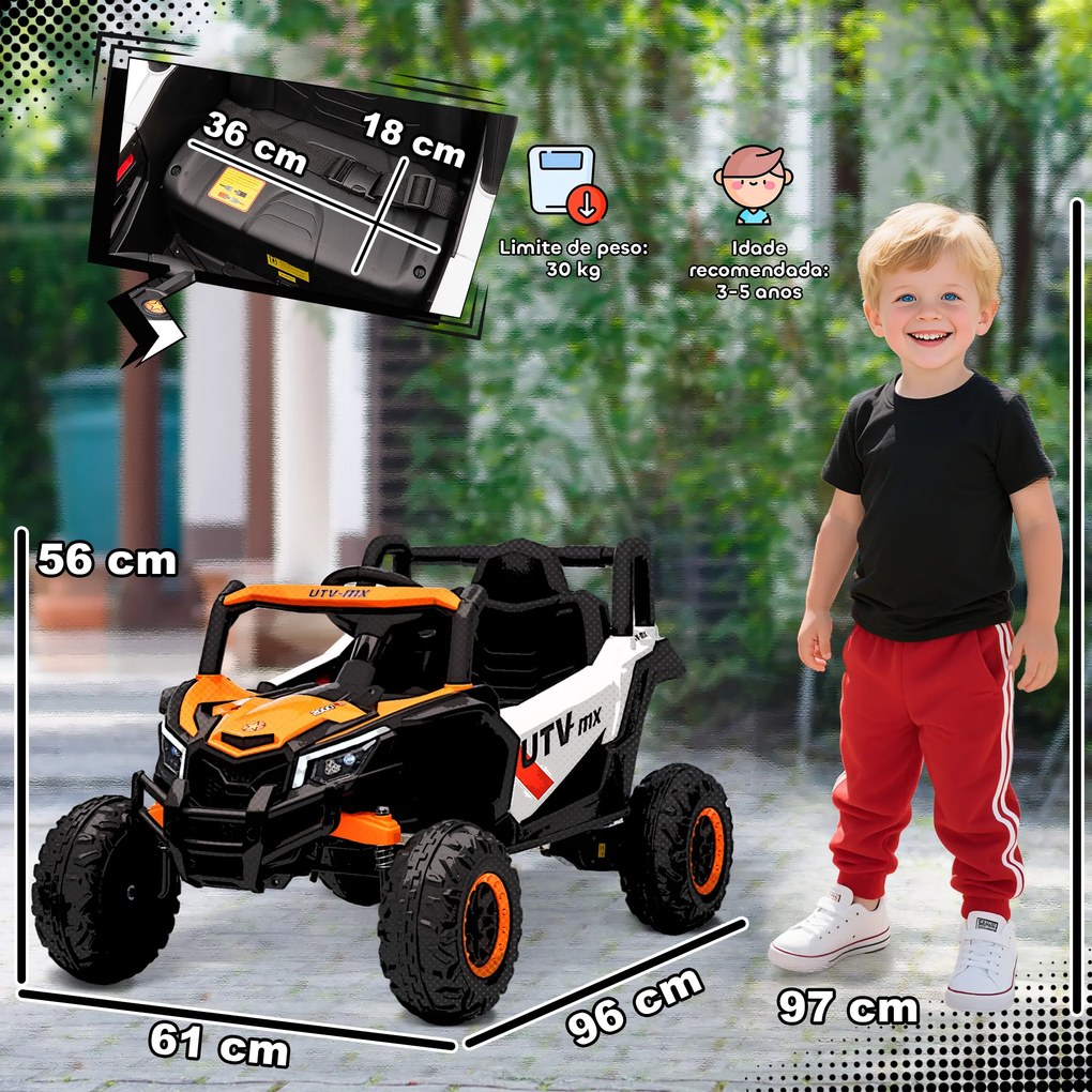 Carro Elétrico para Crianças 12V com 2 Motores Controlo Remoto 2,4G Velocidade até 7 km/h e USB 96x61x56 cm Laranja