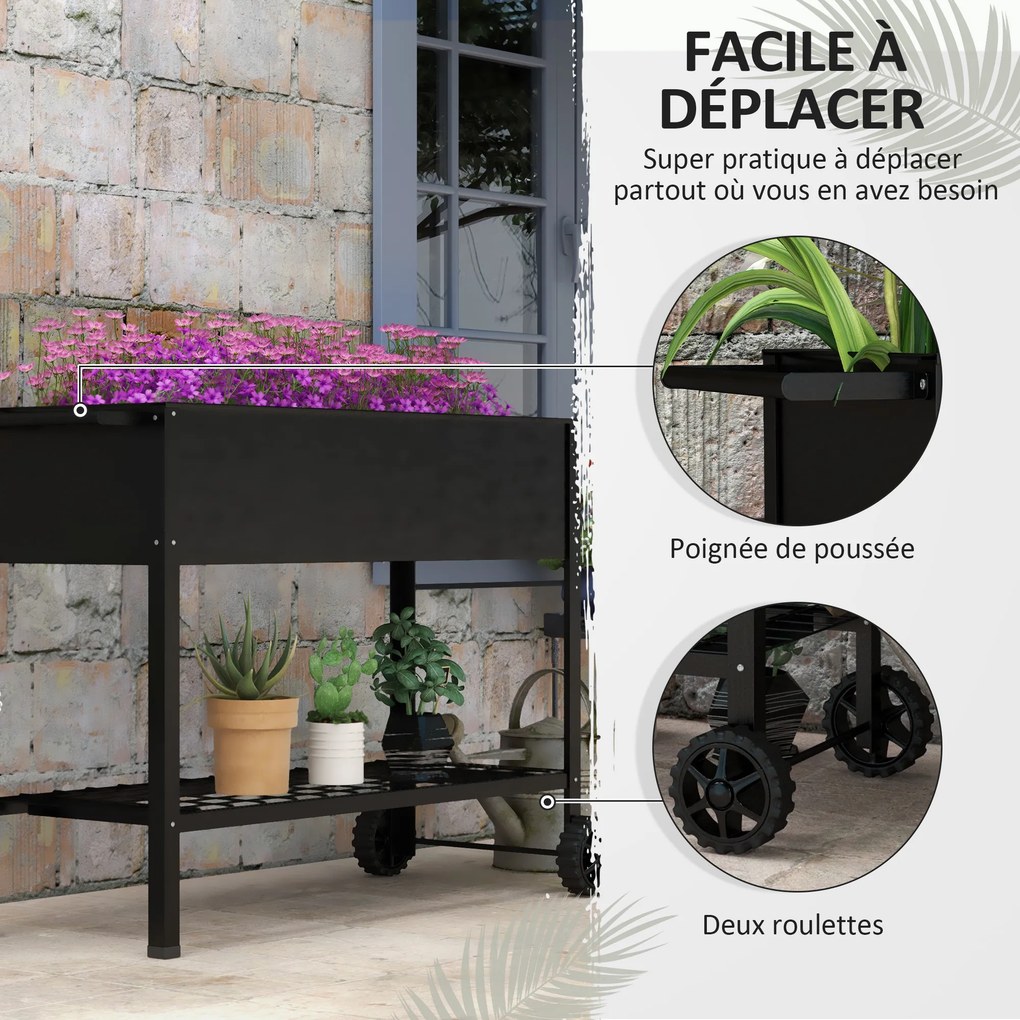 Floreira com pés para horta, 109 x 39 x 80 cm, prateleira, 2 rodas + sistema de rega em metal preto