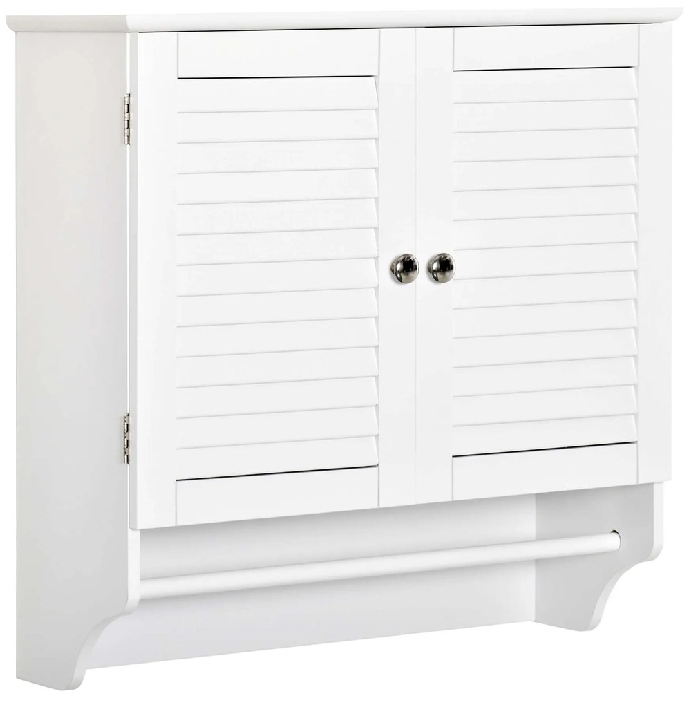 kleankin Armário de Parede para Casa de Banho com 2 Portas Persiana Prateleira e Barra Toalhas 60x23x60cm Design Moderno Branco