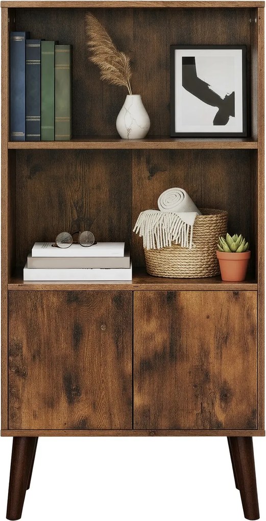 Estante de 3 prateleiras com portas 30 x 60 x 120 cm, design Mid-Century, para a sala de estar e o escritório em casa castanho