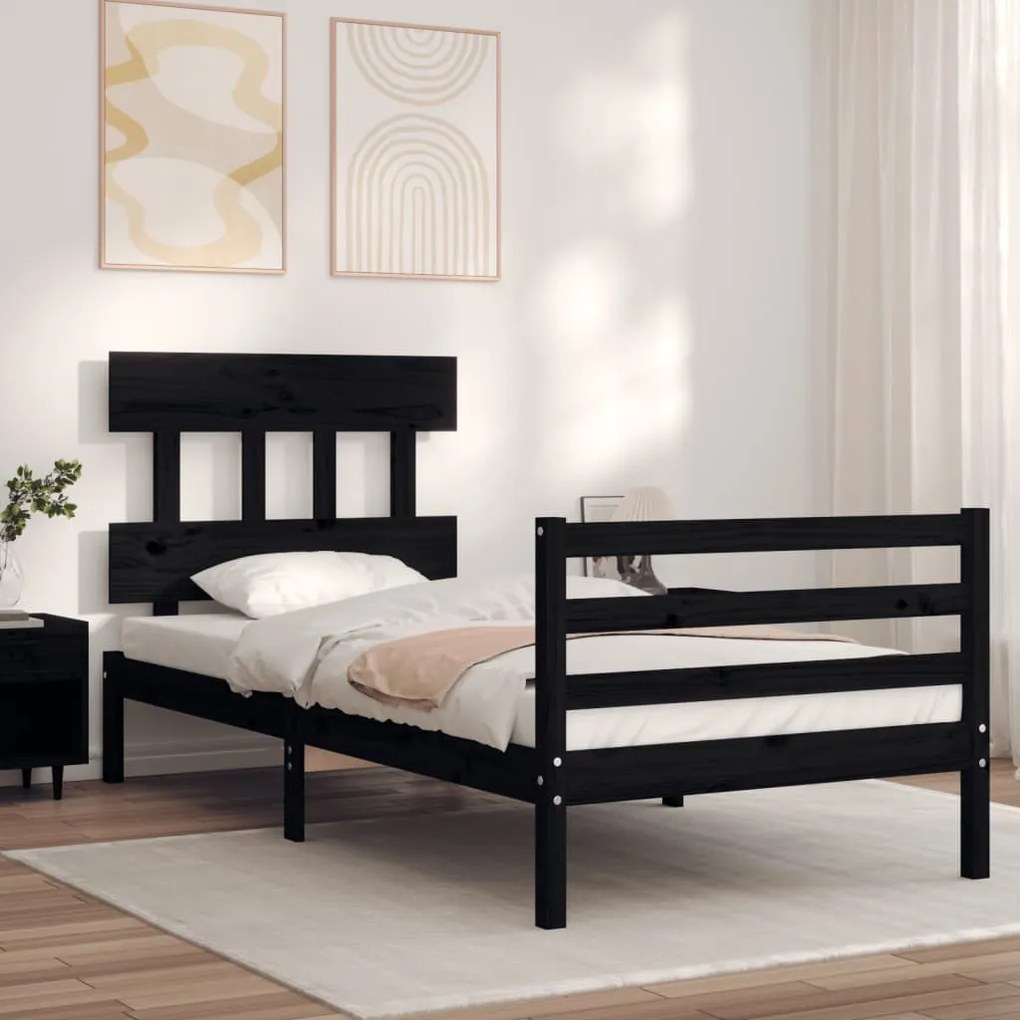 vidaXL Estrutura de cama com cabeceira 90x200 cm madeira maciça preto