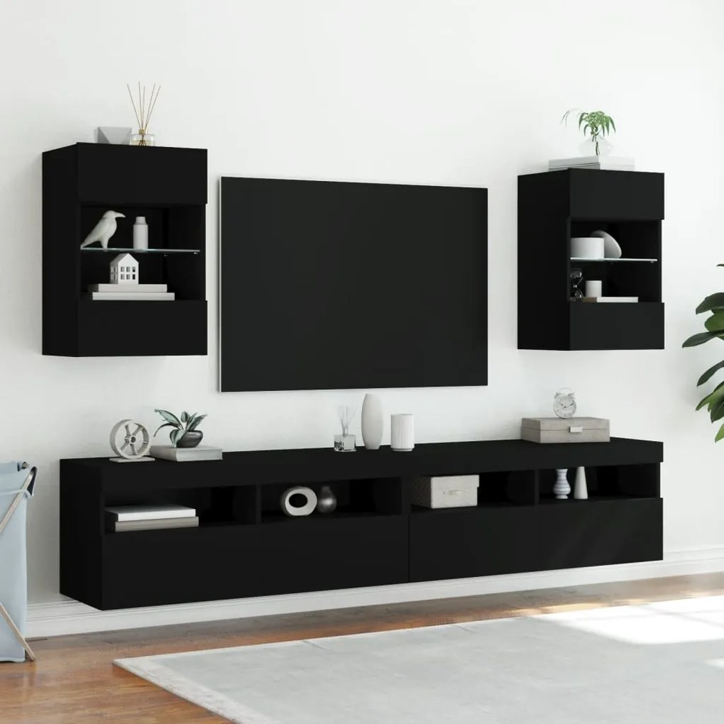 Móveis de parede p/ TV com luzes LED 2 pcs 40x30x60,5 cm preto