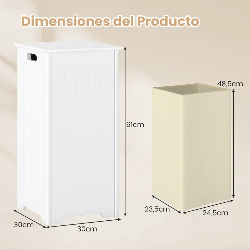 Cesto com grande capacidade para roupa suja com tampa articulada em metal, pega lateral e bolso interior 30 x 30 x 61 cm Branco
