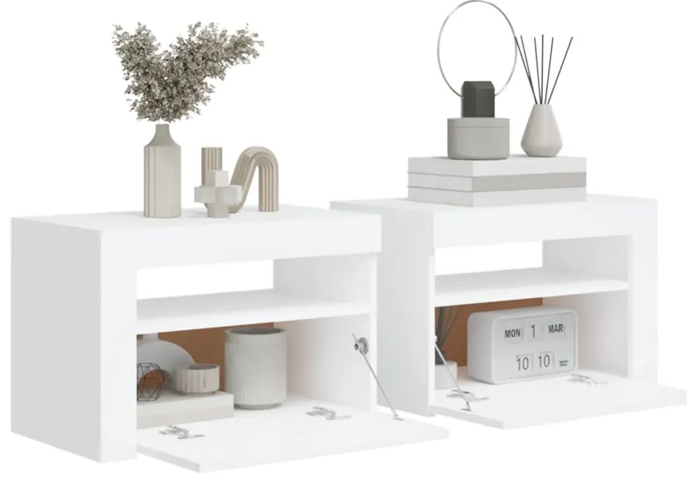 Mesas cabeceira c/ luzes LED 2 pcs 60x35x40 cm branco