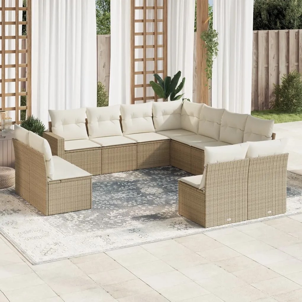 11 pcs conjunto sofás de jardim c/ almofadões vime PE bege