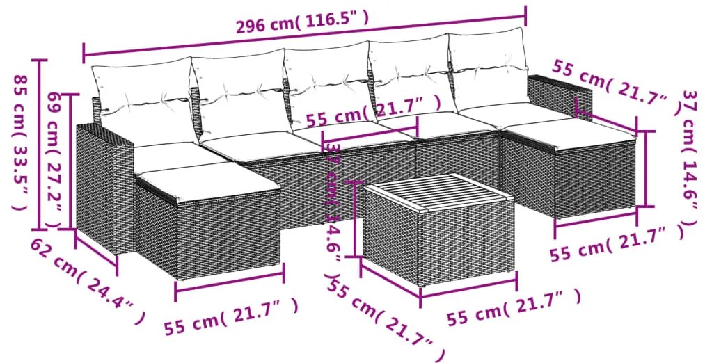 8 pcs conjunto sofás de jardim com almofadões vime PE preto