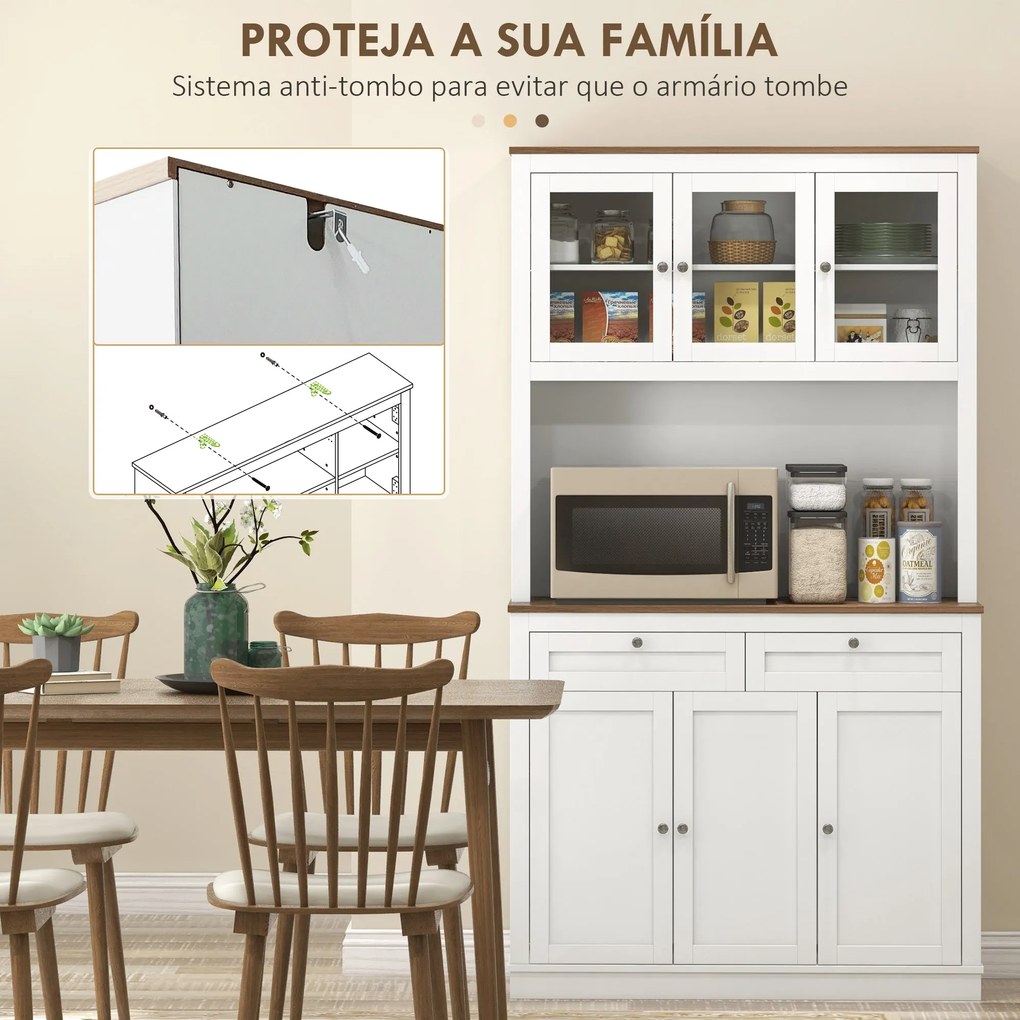 Armário de Cozinha Móvel Auxiliar de Cozinha com 3 Portas de Vidro Com