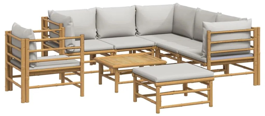 8 pcs conj. lounge de jardim bambu c/ almofadões cinzento-claro