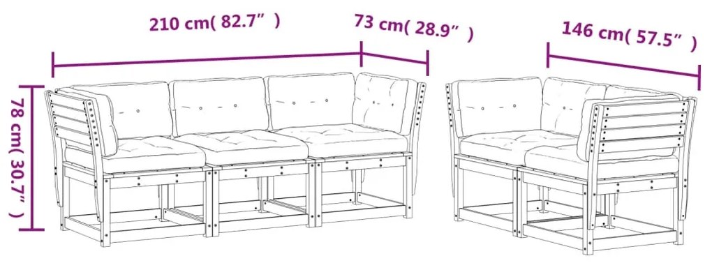 5 pcs conjunto de sofás de jardim com almofadões pinho maciço