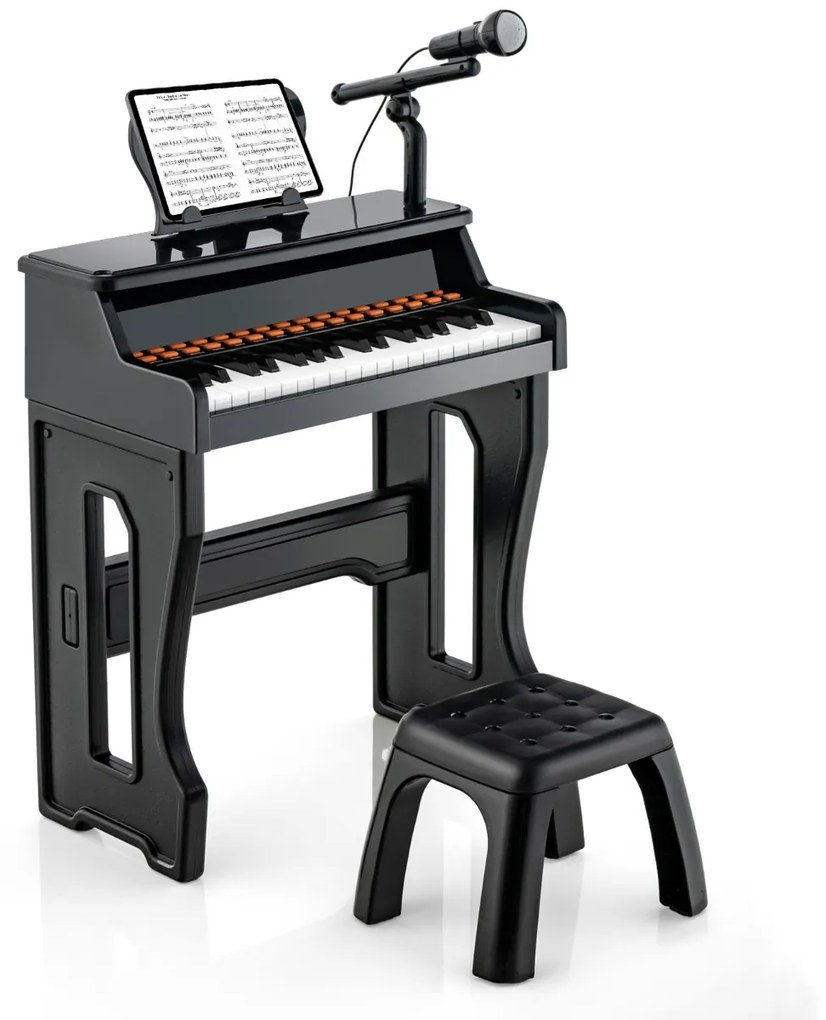Piano para crianças de 3 anos eletrónico com 37 teclas, microfone ajustável e suporte de música amovível Preto