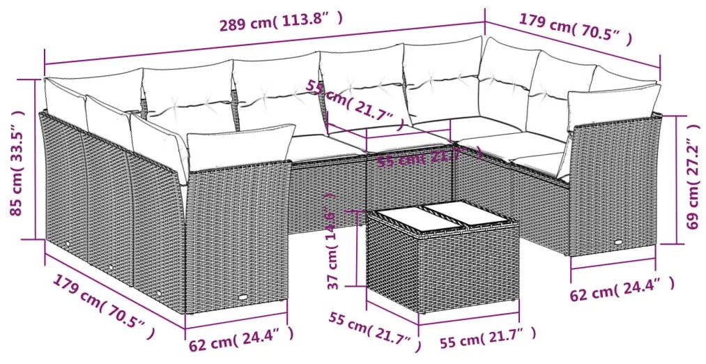 10 pcs conjunto sofás de jardim c/ almofadões vime PE cinzento