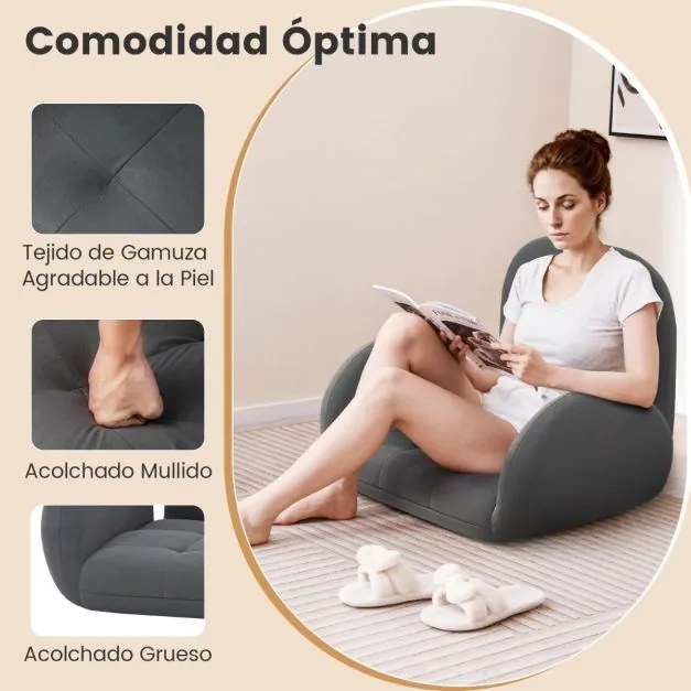 Cadeira dobrável para jogos de chão Sofá-cadeira com encosto e apoios de braços ajustáveis Cadeira de braços reclinável para leitura interior Cinzento