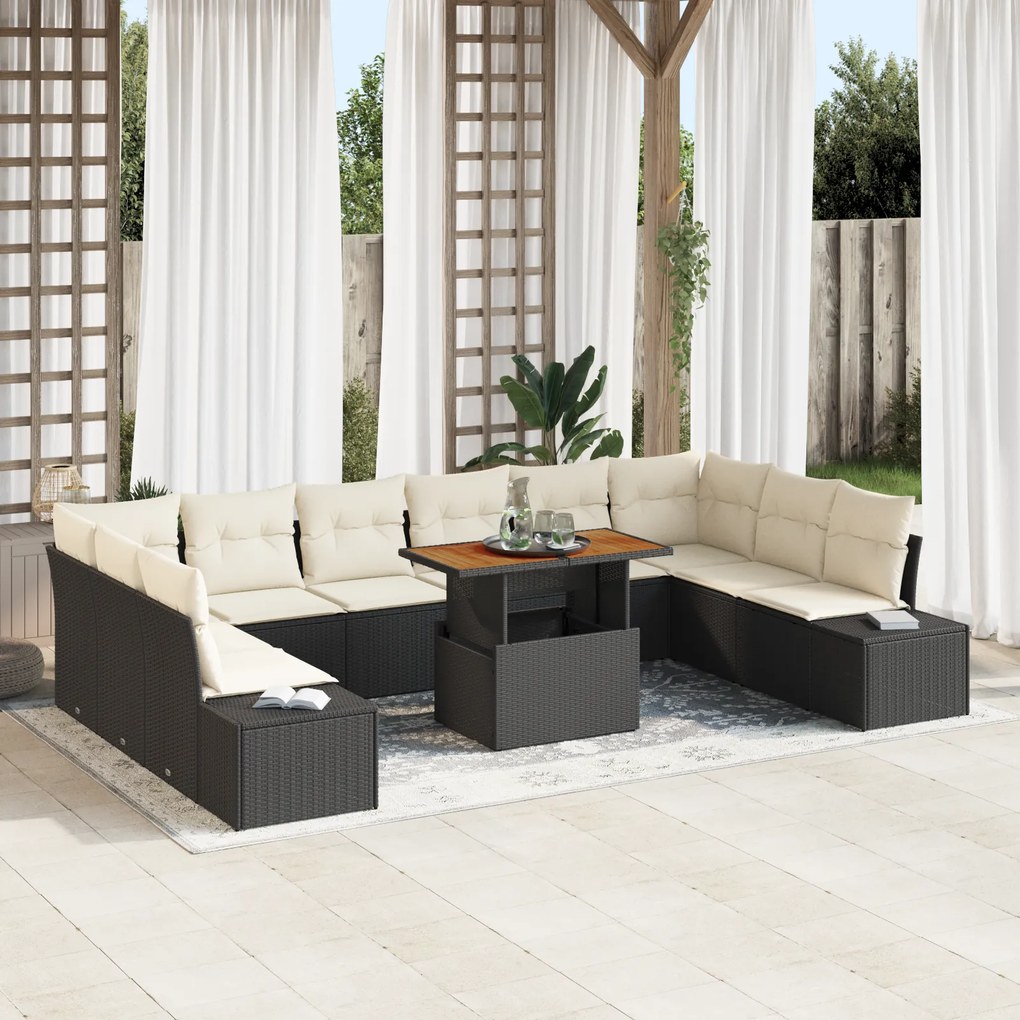 Conjunto de Sofá de Jardim de 11 Peças com Almofadas Preto Rattan Poli