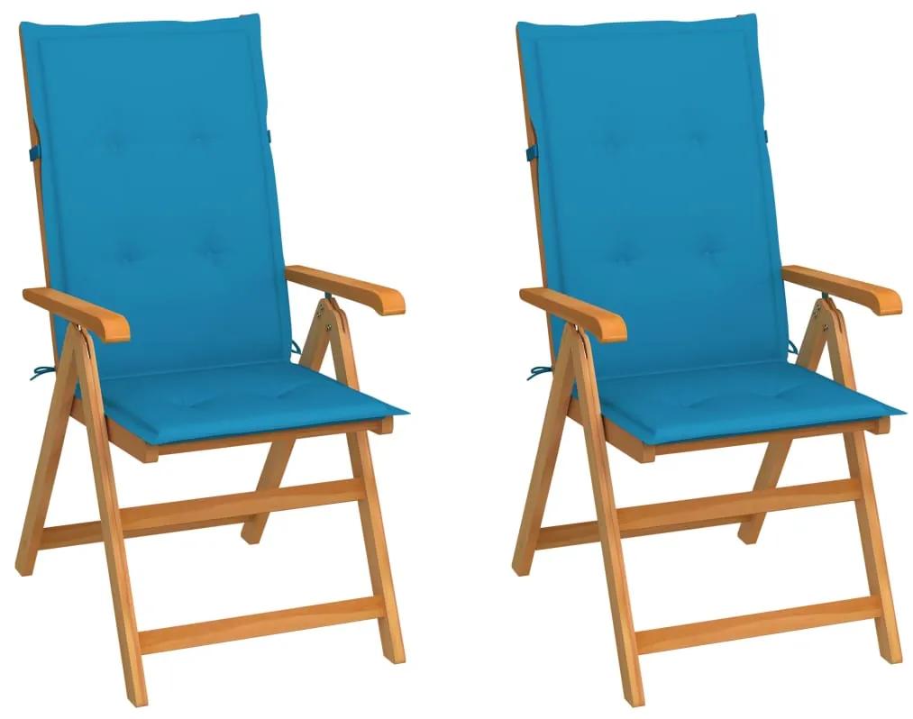 Cadeiras de jardim c/ almofadões azuis 2 pcs teca maciça