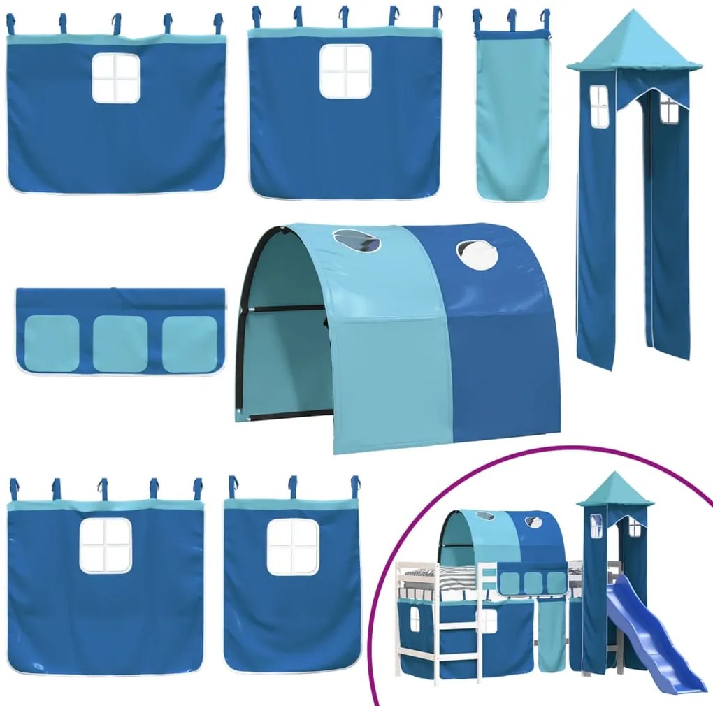 Cama alta para criança com torre 90x190 cm pinho maciço azul