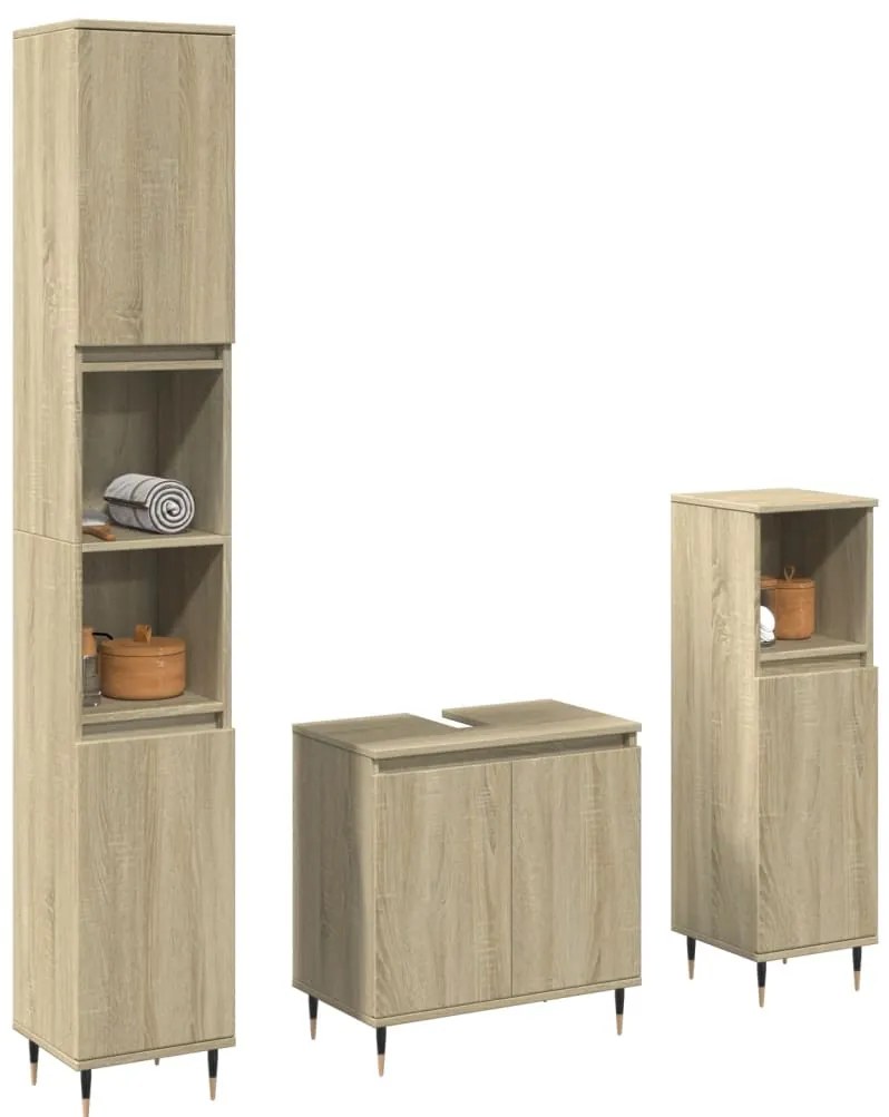 3 pcs conj. móveis casa banho derivados madeira carvalho sonoma