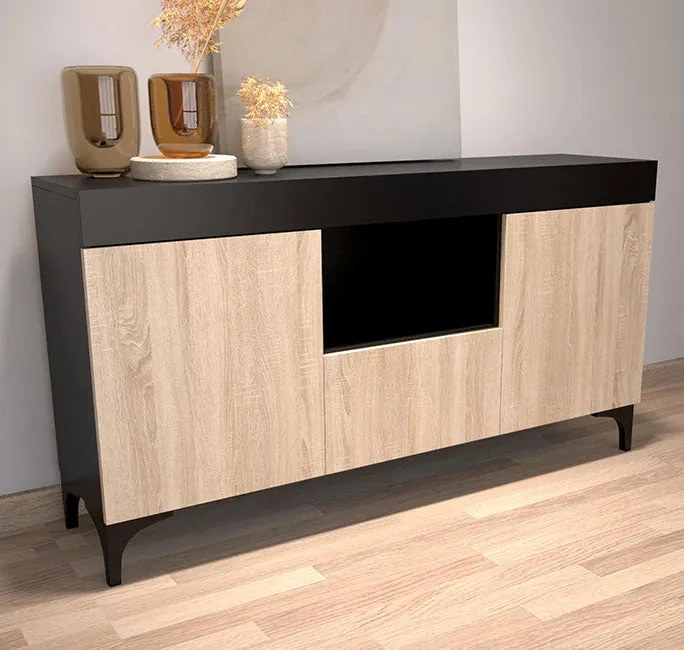 Aparador Koi – 130x32,5x58 cm – Preto e Sonoma Mate – 3 Portas + Nicho