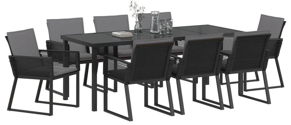 Conjunto de Jantar de Jardim 9 Peças com Almofadas Preto Vime PE
