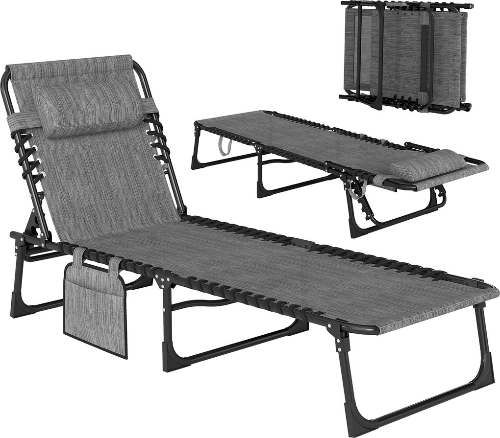 Outsunny Espreguiçadeira dobrável banho de sol encosto reclinável 5 níveis almofada de cabeça removível 189 x 58 x 30 cm cinza | Aosom Portugal