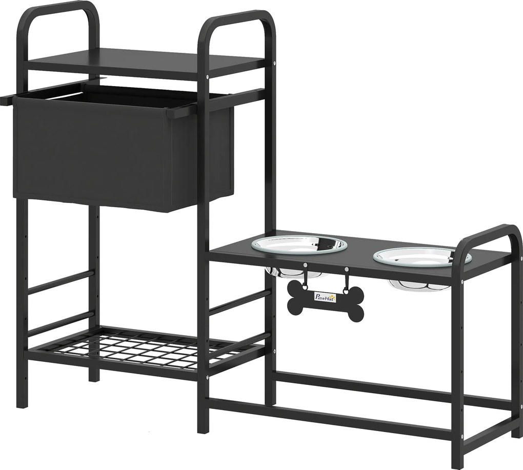 PawHut Comedouro Elevado para Cães com Gaveta em Tecido 2 Taças de Aço Inoxidável 2x800 ml Altura Ajustável 2 Prateleiras 89,5x27x74 cm Preto | Aosom Portugal