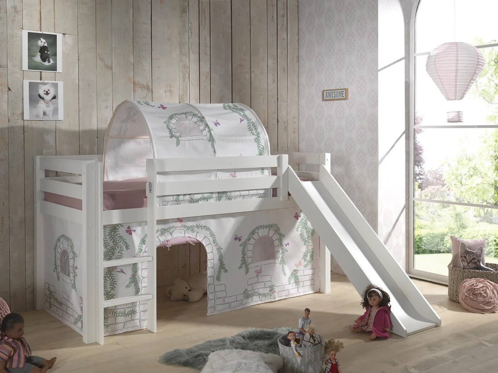 Conjunto Cama alta de Criança PINO 90 x 200 cm + estrado + escada + escorrega + cortina + túnel Pássaros branca