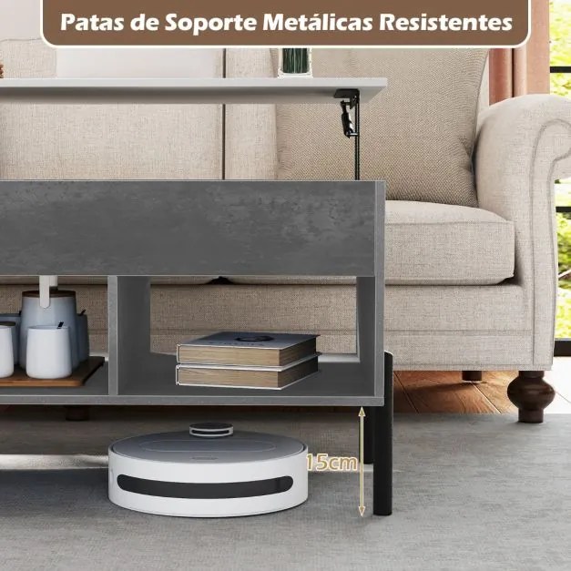 Mesa de centro 100 x 50 x 45 cm elevável com tampo ajustável, amplo compartimento oculto e 3 espaços abertos, com pés em metal cinzenta