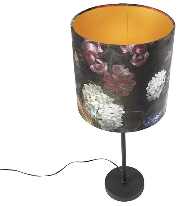 Candeeiro de mesa preto com abajur de veludo flores com dourado 25 cm - Parte Clássico / Antigo