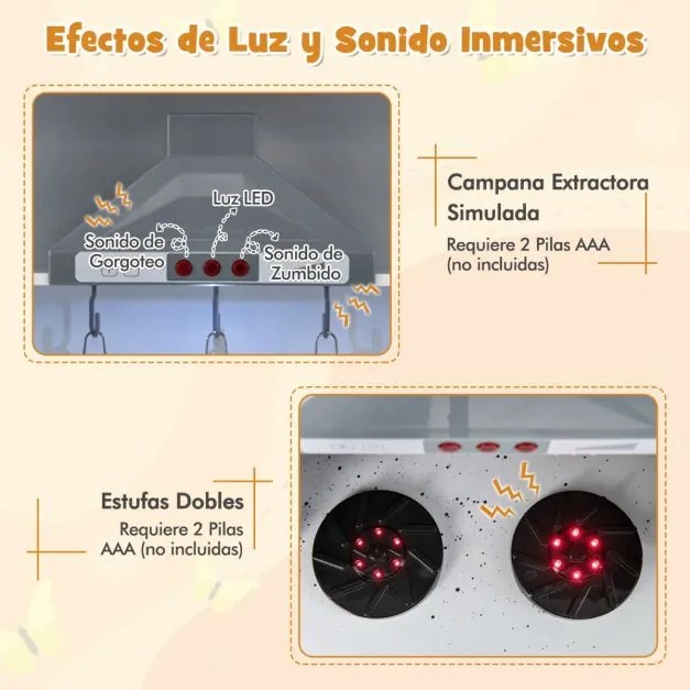 Cozinha de brincar em madeira para crianças com exaustor, exaustor de gelo, lava-loiça, torneira, forno de micro-ondas Branca