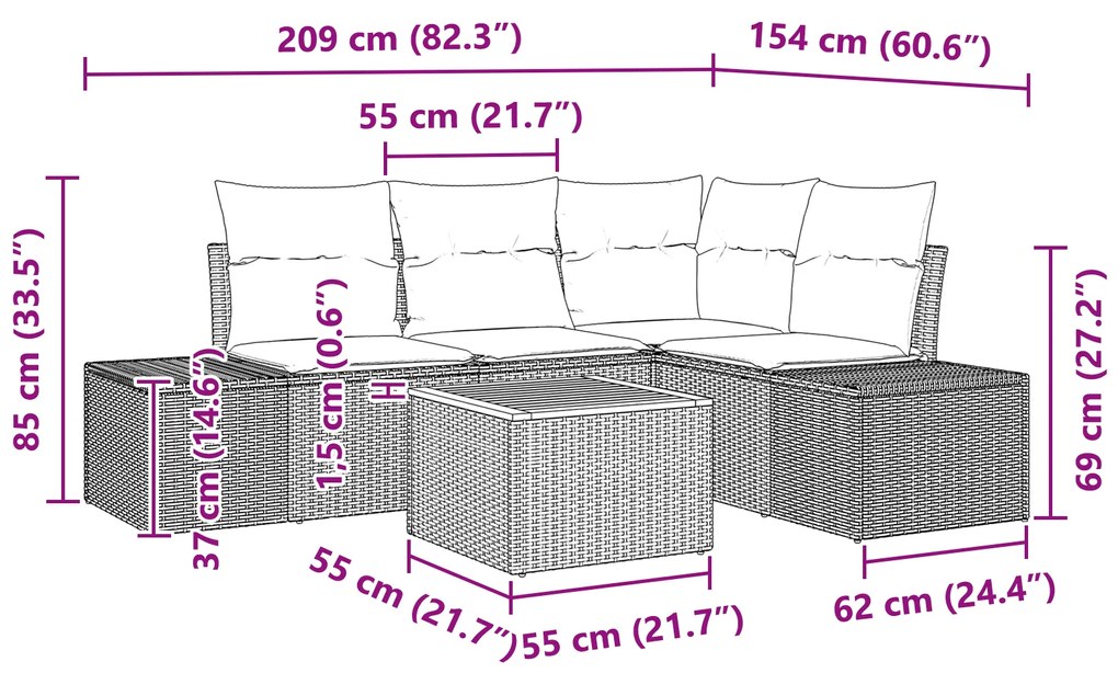 Conjunto de Sofá de 5 Peças com Almofadas Cinza Rattan Poliéster Acáci