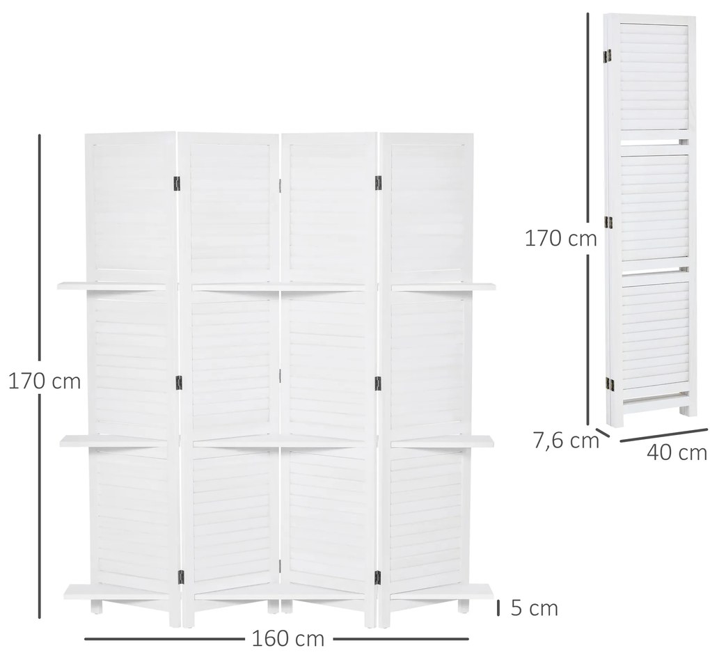 Biombo de 4 Painéis de Madeira Separador de Ambiente Dobrável com 3 Prateleiras Removíveis Desenho Persiana para Dormitório Escritório 160x170cm Branc