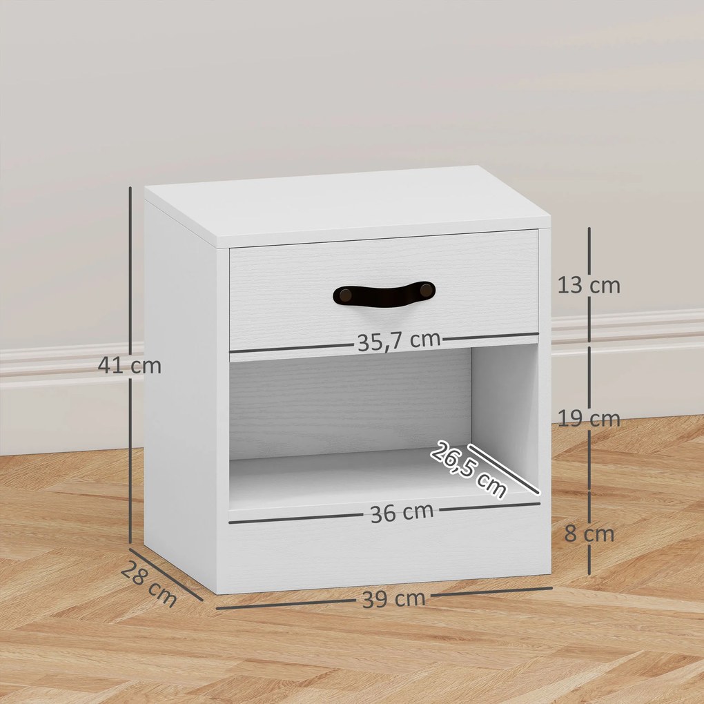 Conjunto de 2 Mesas de Cabeceira para Dormitório Estreitas com Gaveta e Compartimento Aberto 39x28x41 cm Branco
