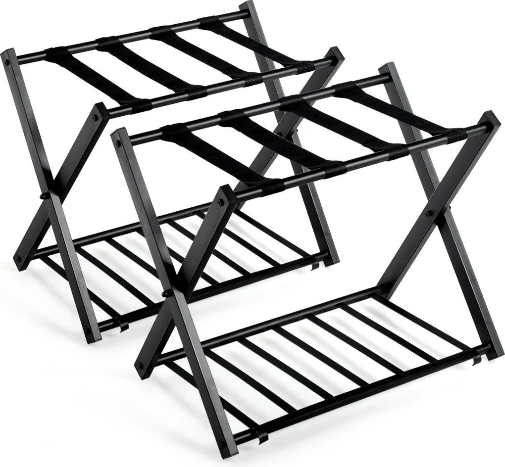 2 x Suporte de bagagem dobrável Suporte de bagagem de metal até 60 kg com 4 correias estáveis e design de 2 andares para casa e hotel Preto