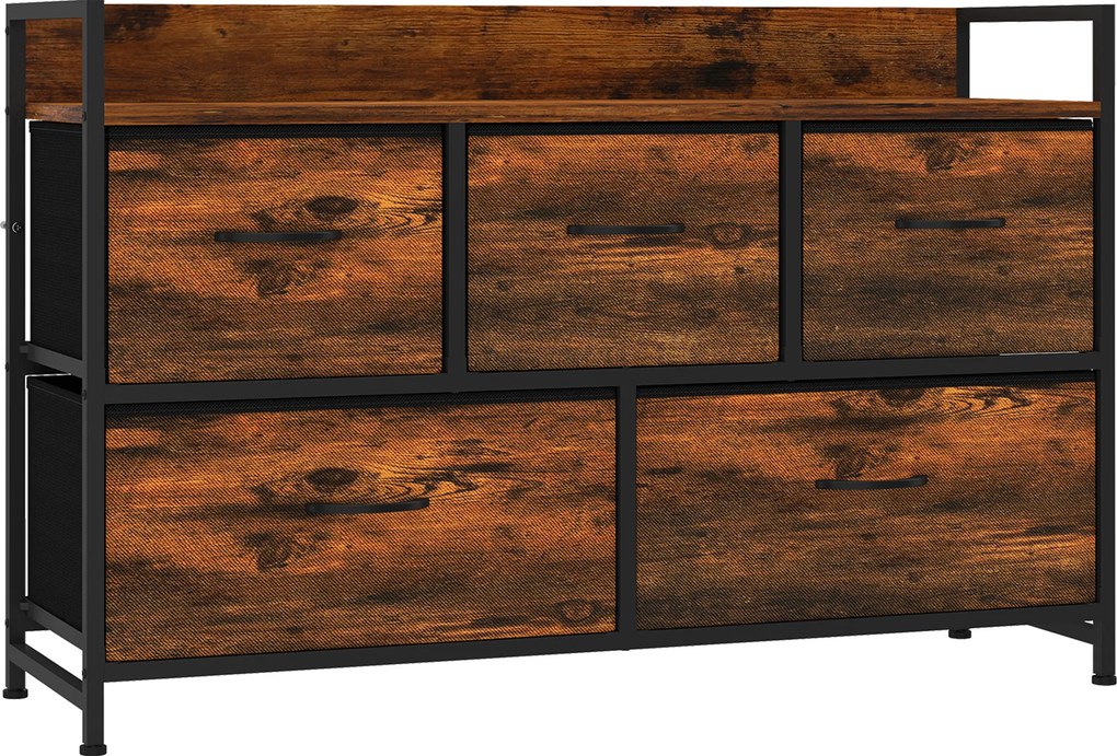 Cómoda, móvel de arrumação com 5 gavetas em tecido dobráveis, tampo e estrutura em aço, 98 x 29 x 63 cm, castanho rústico
