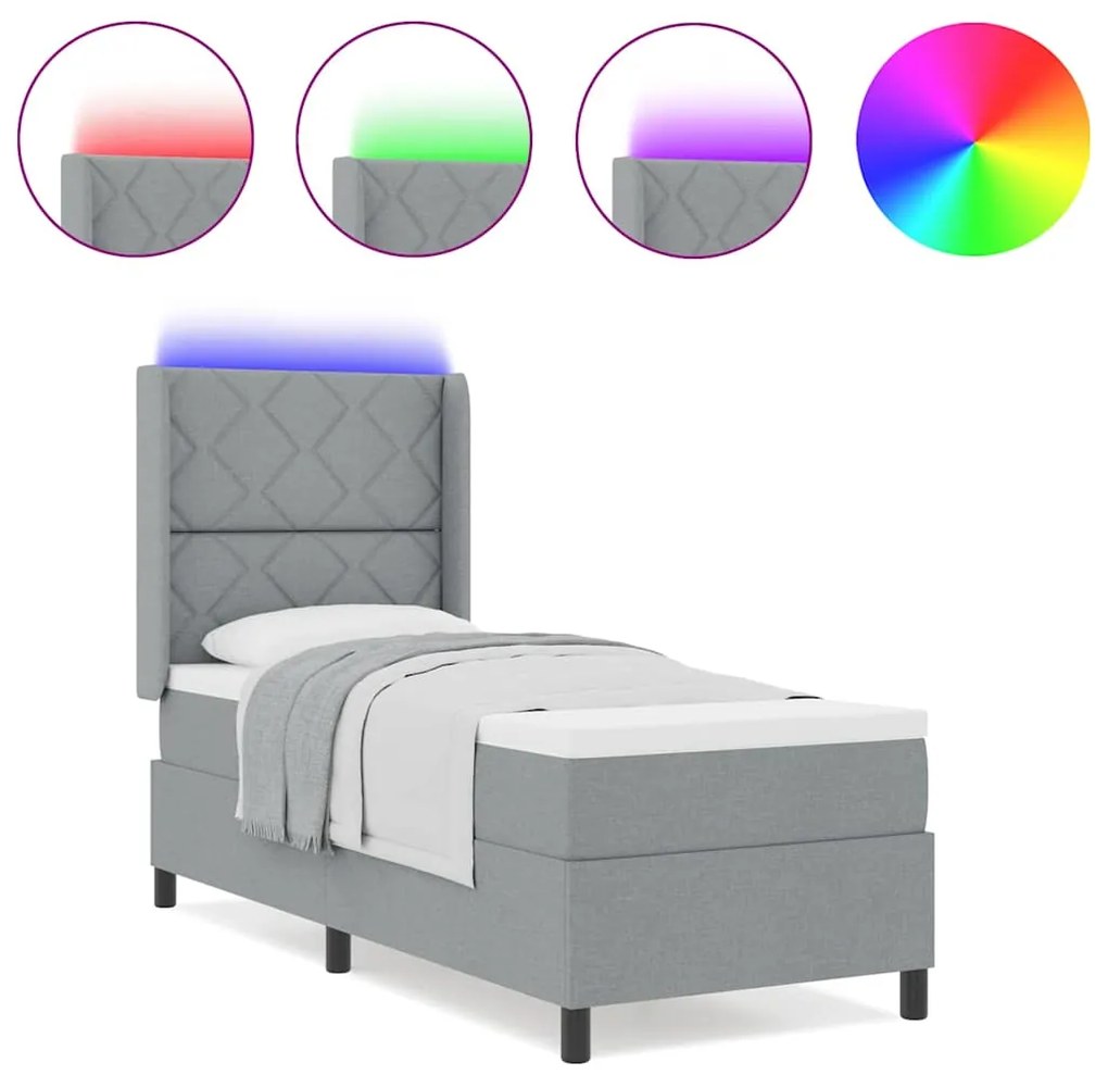 Cama Box com colchão e luz LED Cinza Claro 80x200 cm, tecido.