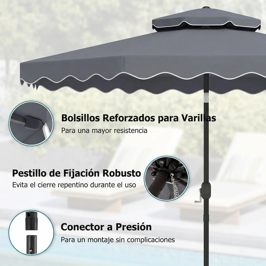 Guarda-sol de 300 cm com inclinação bidirecional de 30° (BASE NÃO INCLUIDA), teto ventilado, 2 camadas, 8 varas metálicas e folhos, para pátio e pisci