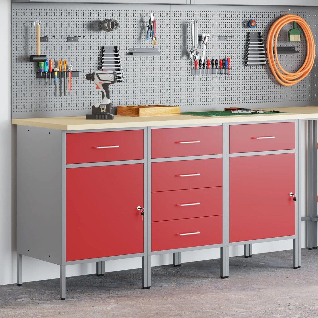Conjunto de Armários de Trabalho 3 Peças vidaXL Vermelho e Cinza em Ma