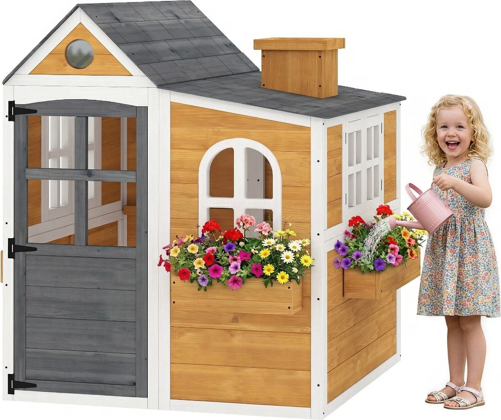 Casa de brincar infantil de madeira para exterior 125,5 x 119 x 126 cm, casinha infantil para exterior/interior com porta, janelas, 3 floreiras, amare