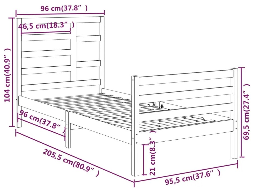 Estrutura de cama 90x200 cm madeira maciça