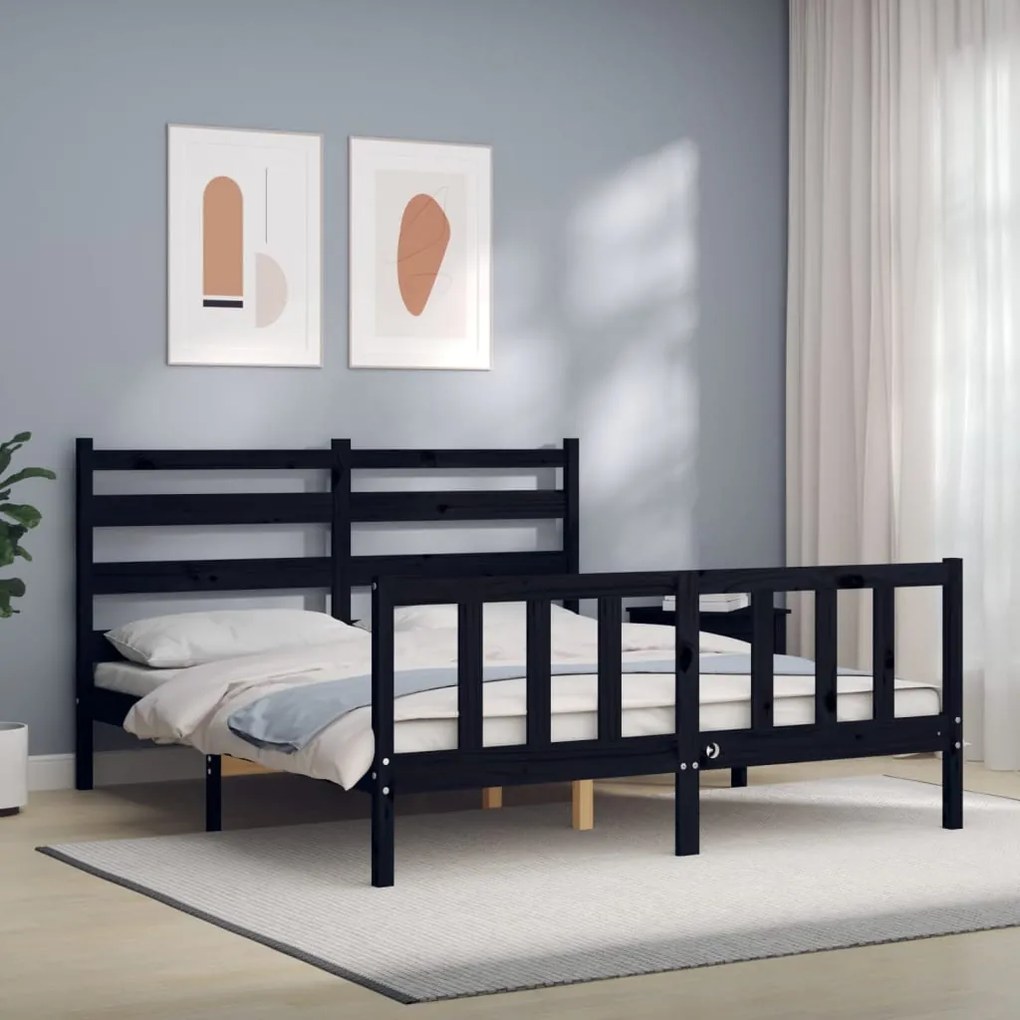 vidaXL Estrutura de cama King Size com cabeceira madeira maciça preto