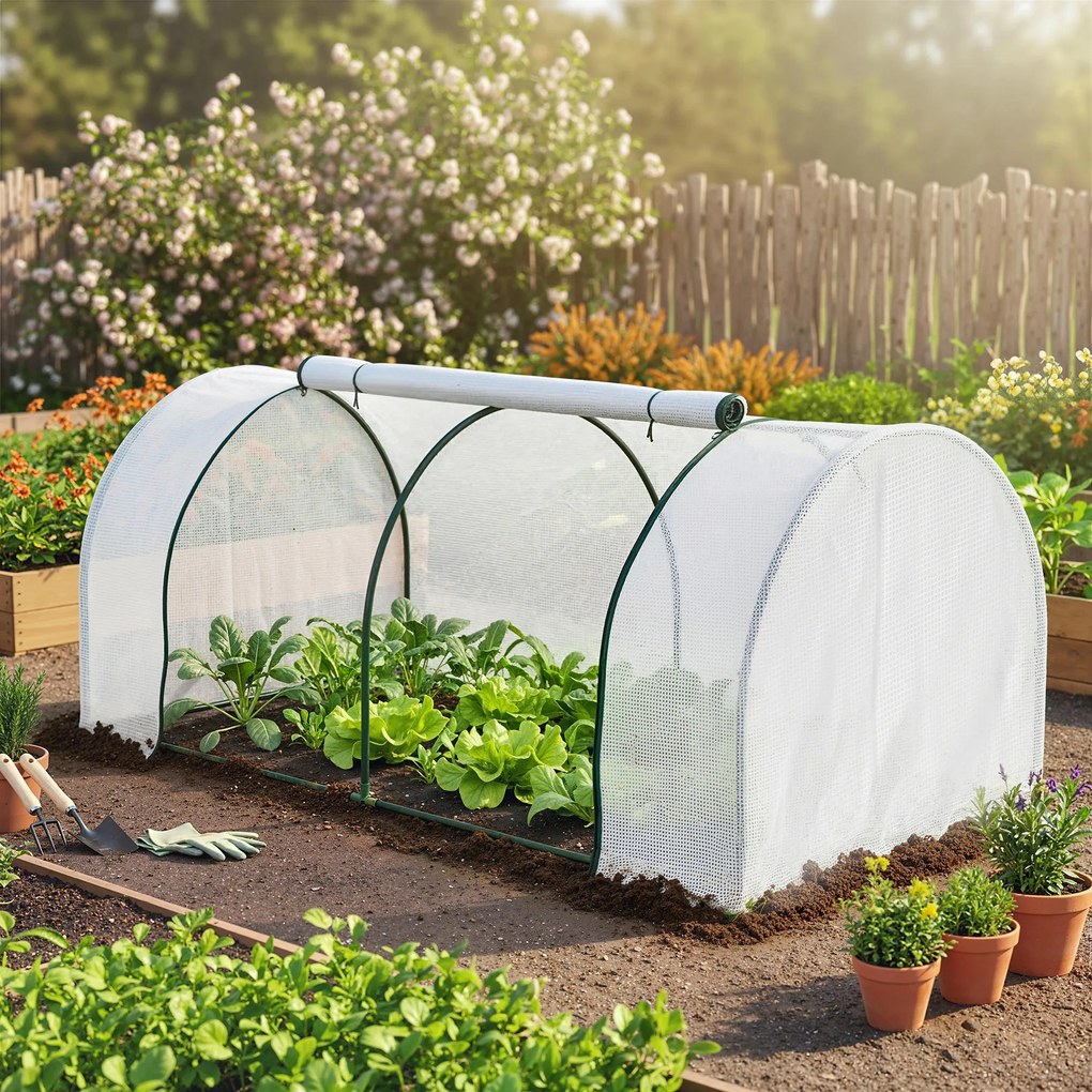 Estufa de jardim para legumes, 2 x 1 x 0,8 m, porta com fecho de correr, lona de PE, aço branco