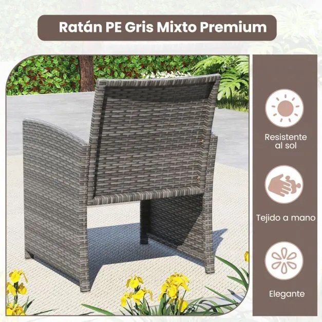 Conjunto de Jardim, 4 peças em rattan com almofadas e tampo em vidro temperado, para jardim, alpendre ou varanda, cinzento