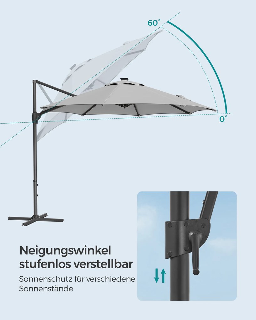 Guarda-sol jardim Ø 300 cm com luzes LED solares UPF 50+ rotativo 360º com base cruzada (SEM PESOS) Cinzento