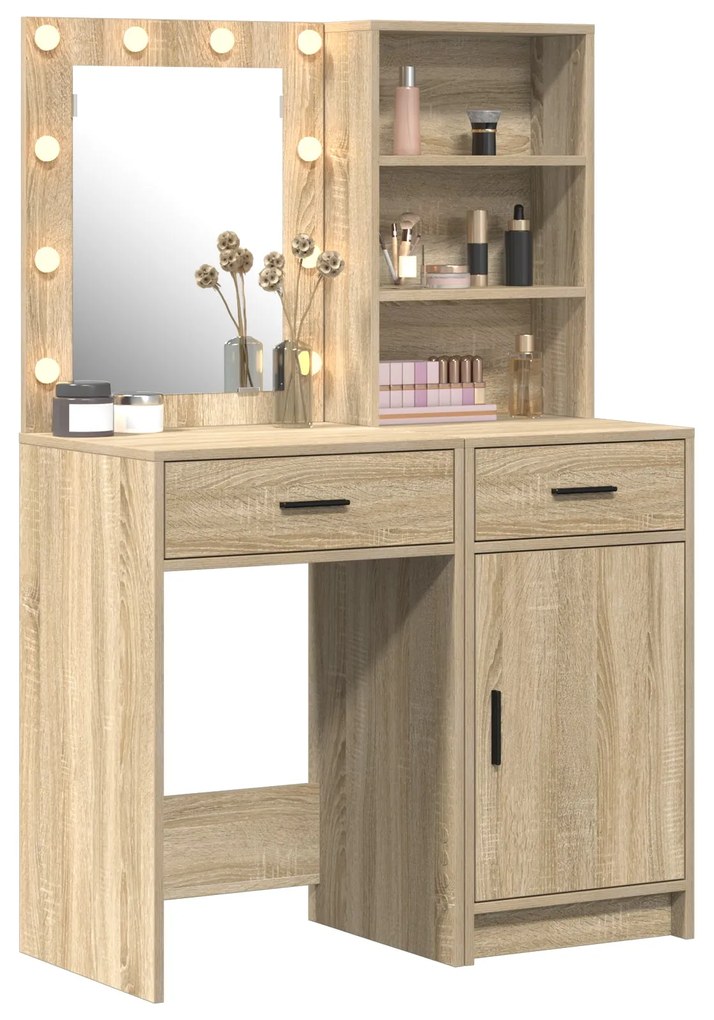 Conjunto de Mesa de Maquiagem 2 Peças com LED em Carvalho Sonoma e Mad