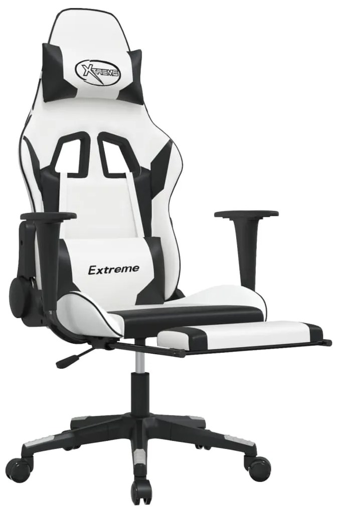 Cadeira gaming massagens c/ apoio pés couro artif. Branco/preto