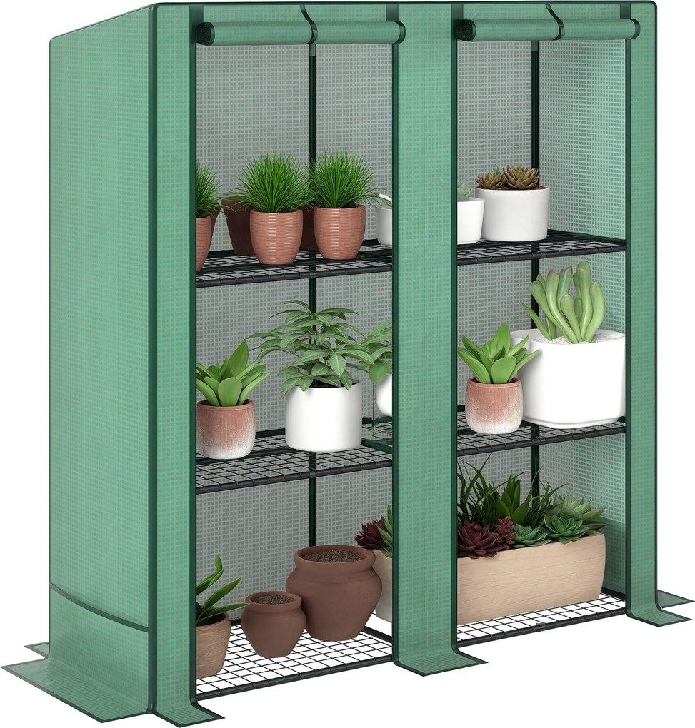 Estufa de jardim 144 x 48 x 152 cm com prateleiras metálicas de 3 níveis, estufa de varanda com cobertura em PE e telhado inclinado, verde