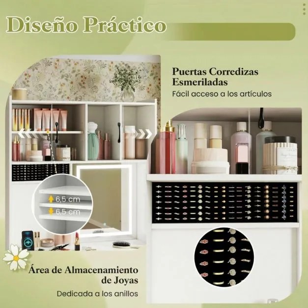 Toucador com Espelho e Iluminação com Tomadas 3 Modos de Iluminação Brilho Ajustável Branco