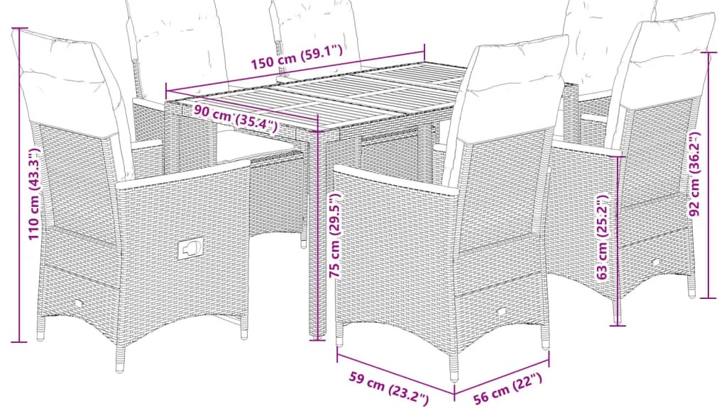 7 pcs conjunto de jantar p/ jardim c/ almofadões vime PE preto